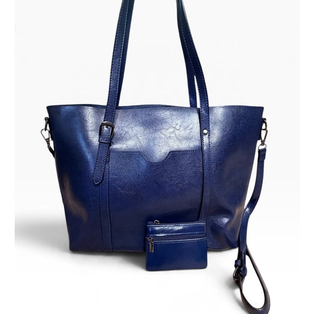Navy Faux Leather Tote Crossbody Strap Coin Pouch Set NWOT